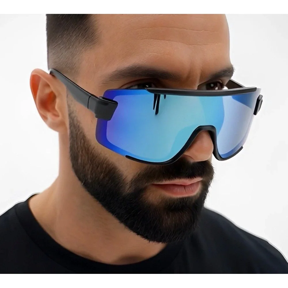 Oversized Shield Sunglasses Oceanic Blue Mirrored Lens Sport Wrap Shades Fashion